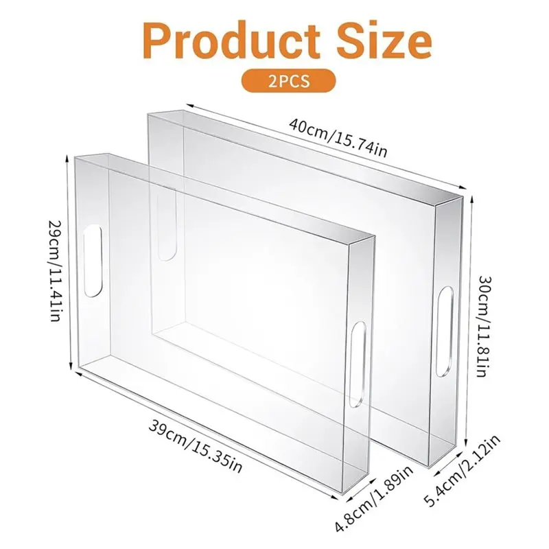 Set Of 2 Clear Acrylic Serving Trays- 16" X 12", 15.4" X 11.9" Decorative Models Featuring Handles, Luxury Quality
