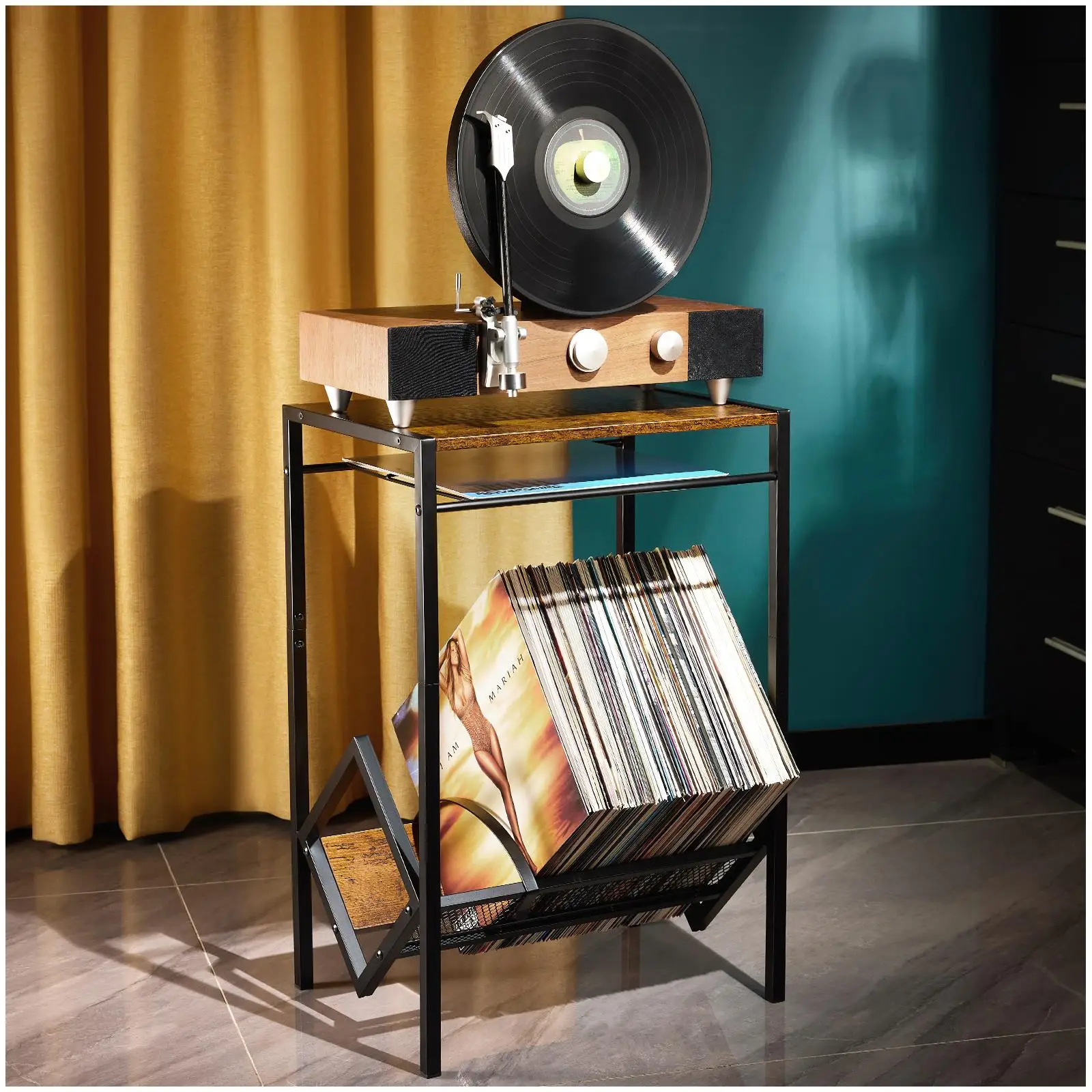 

3-Tier Electric Turntable Stand & Vinyl Storage Rack - Holds 100 LPs, Coffee Table Organizer for Records, for books &