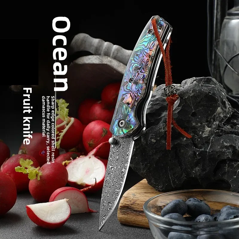 High hardness Damascus steel folding knife fixed blade pattern VG10 color shell resin handle sharp outdoor folding fruit knife