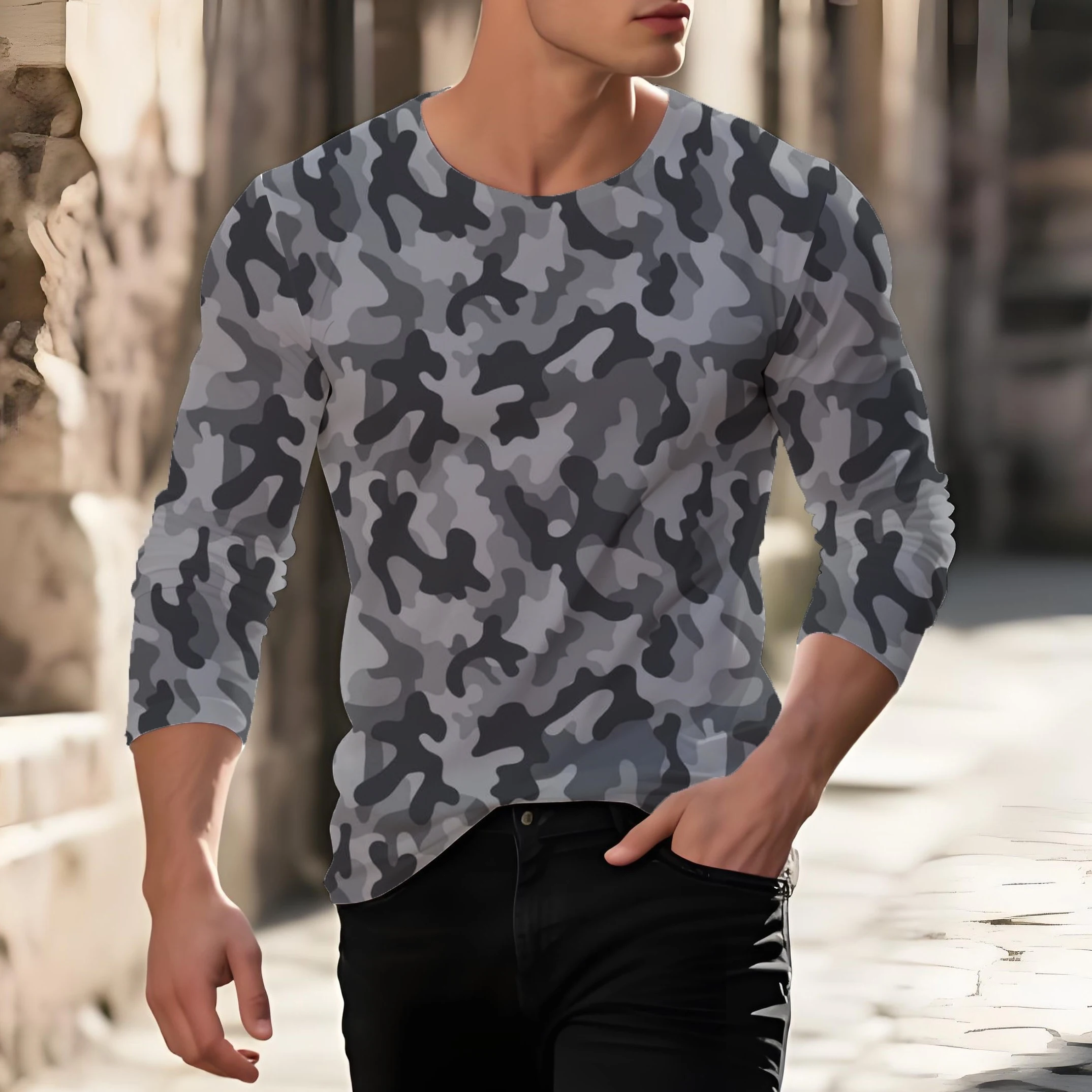 

Camouflage 3D Printed Pattern Crew Neck Men's Long sleeve T-shirt Autumn Outdoor Street Comfortable Breathable Sportwear Tops