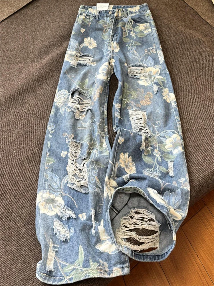 

Women's Flower Print Design Distressed Jeans Young Girl Summer Thin Straight Bottoms Vintage Trousers Female Wide Leg Pants