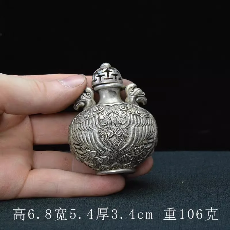 Old Chinese Tibet Silver Handmade Phoenix Snuff Bottle Xuande Mark