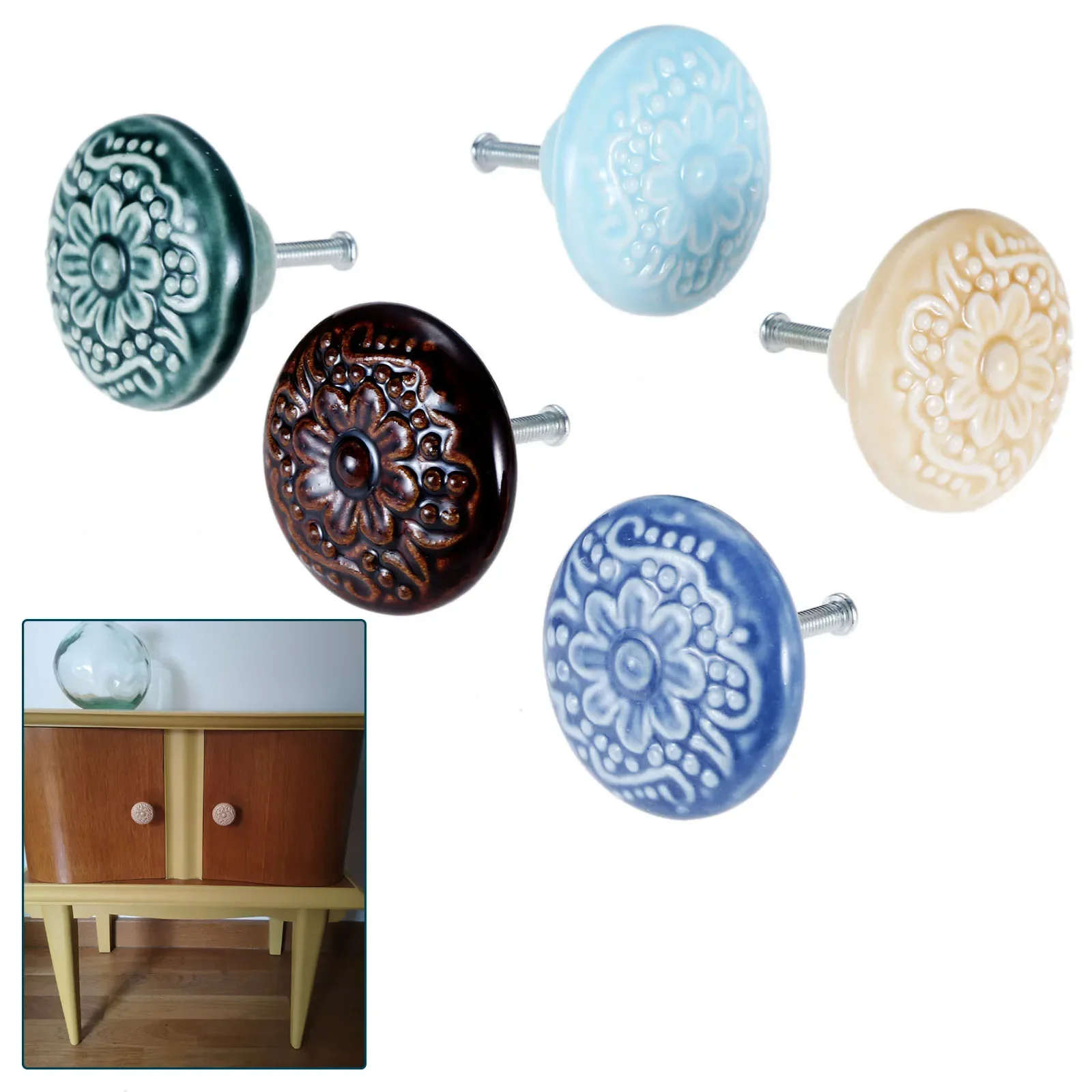 Painted Ceramic Knob Cabinet Ball Handle Cupboard Dresser Drawer Round Pull Decor Retro Kitchen Country Flower pattern screw