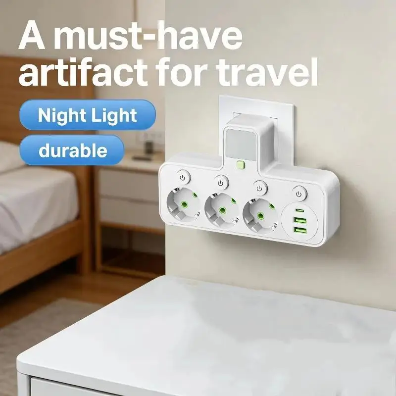 EU Plug Power Strip With Switch Night: Light 4 AC 2 USB 1 Type-C Household Distribution Socket