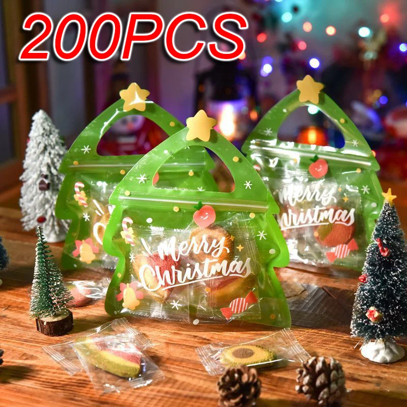 200PCS Christmas Festival Gift Bags Xmas Tree Deer Shape Cookies Candy Bag for Children's Birthday Party Decor Sweets Package