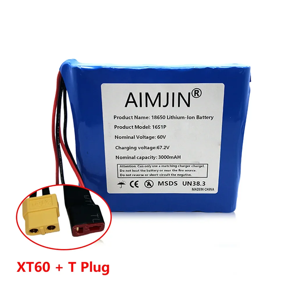 16S1P 18650 battery pack 60V 3.0Ah lithium with BMS for self-balancing scooter electric unicycle 2200mAh rechargeable battery