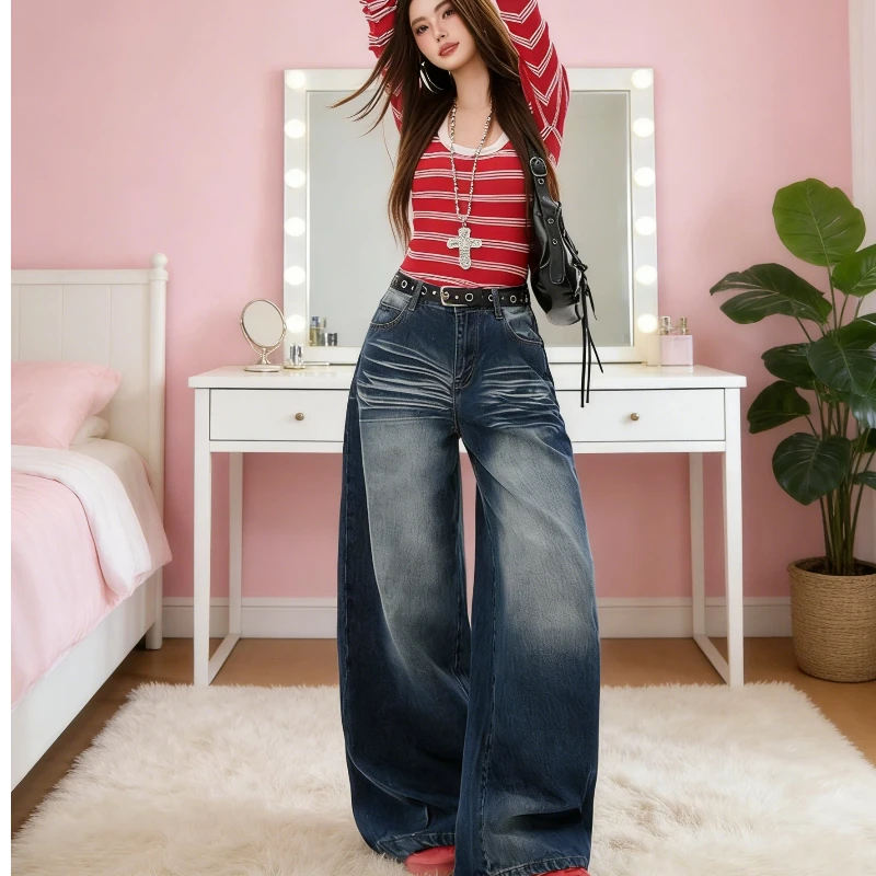 Retro Y2K hoge taille wijde pijpen jeans dames noodlijdende denim uitlopende broek rechte pijpen vintage stijl losse fit broek