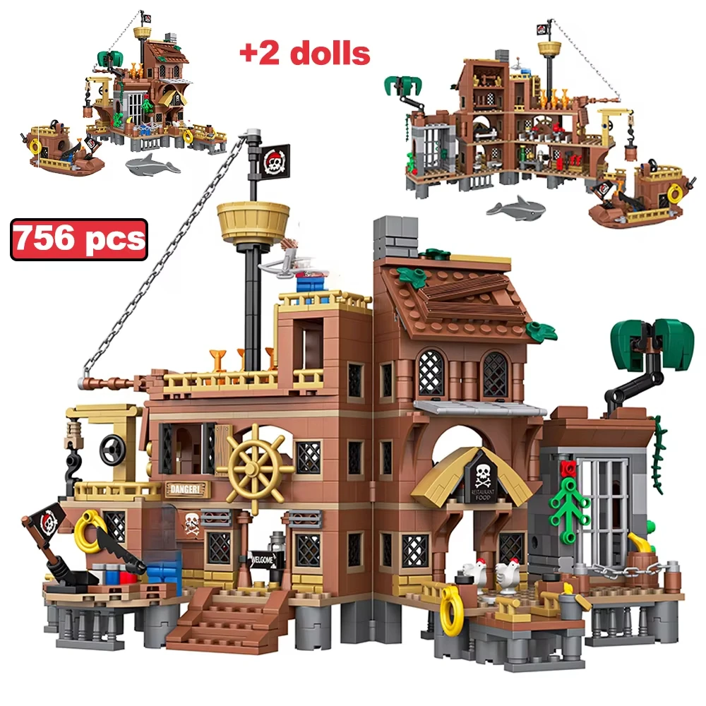

756 PCS MOC Pirate Ship & Dock Building Blocks Set Toys, DIY Island Theme Scene, Display Decor & Perfect Gift For Kids