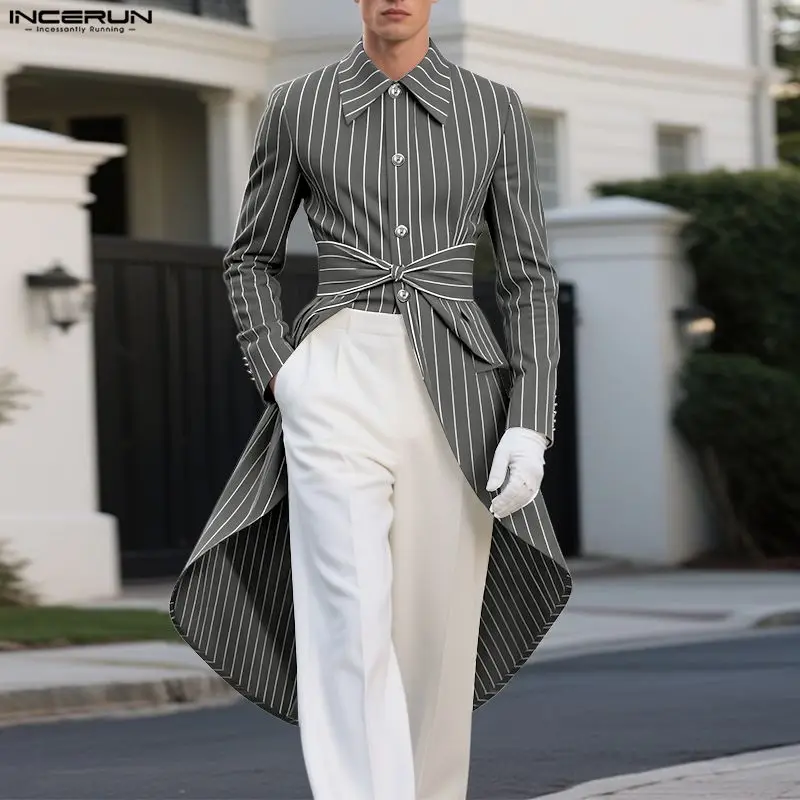 

INCERUN Men Striped Blazer Lapel Long Sleeve Button Casual Irregular Blazer Men Streetwear Elegant Fashion Long Style Male Suit