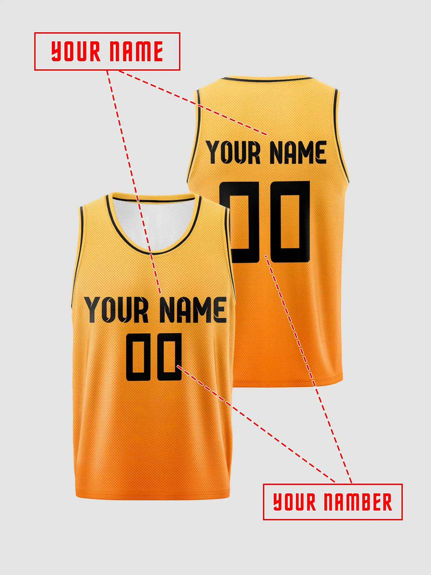 Yellow‑Orange Gradient Black Trim Custom Basketball Jersey, Print Name Number, Quick Dry for Kids Adults