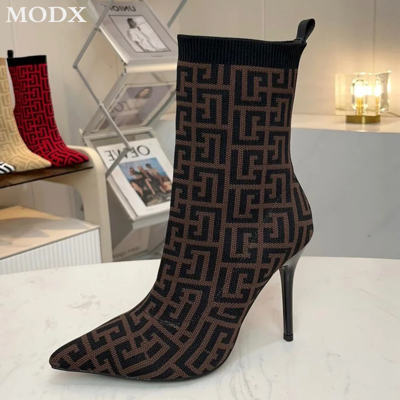 Stretch Fabric Ankle Boots Fashion Thin Heel Mixed Color Pointed Toe Short Boots for Women Sexy Luxury Runway Shoes Botas Mujer