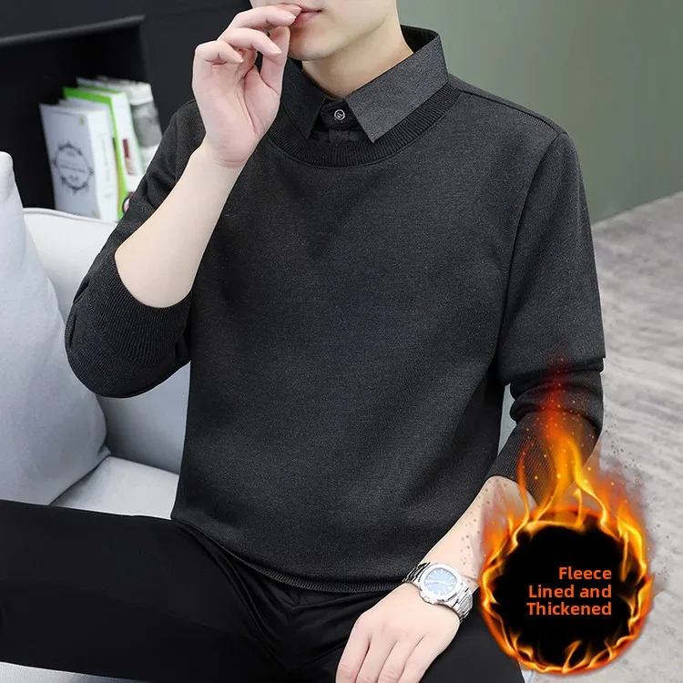 

Loose Polyester Fiber Knitted irt Collar Sweater Youth Vitali Sle Men's Long Sve Thermal Wear Casual Daily Clothes