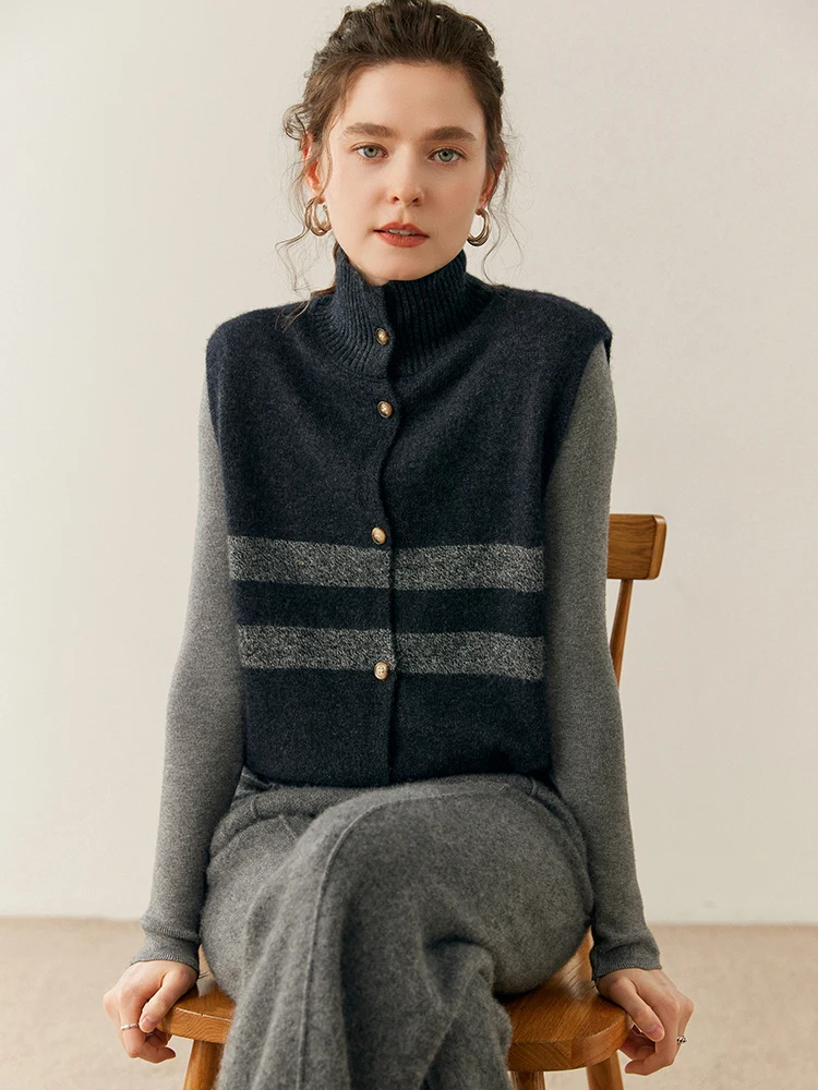 CHICUU ฤดูใบไม้ร่วงฤดูหนาวผู้หญิง 100%แคชเมียร์ถักเสื้อกั๊กคอเต่าลายวินเทจสไตล์แขนกุดเสื้อคาร์ดิแกนแคชเมียร์