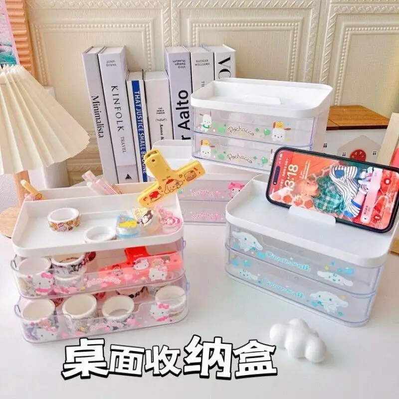 سانريوس سينامورول لطيف طبقة مزدوجة صندوق تخزين الأدوات المكتبية الكرتون طالب عنبر غرفة نوم سطح المكتب درج نمط صندوق بلاستيكي #2