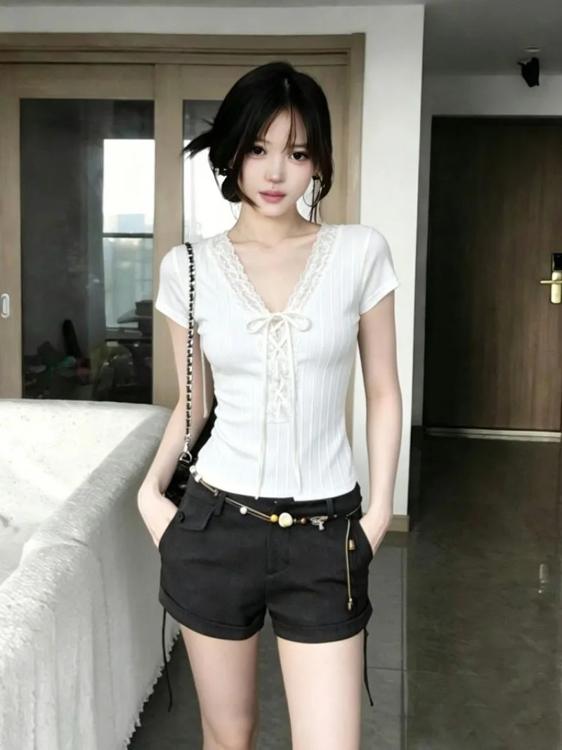 Kimotimo Simple T-shirt Women Fashion Lace Bandage Patchwork Short Sleeve Tees Summer New Y2k Aesthetic Slim Fit Spicy Girl Tees