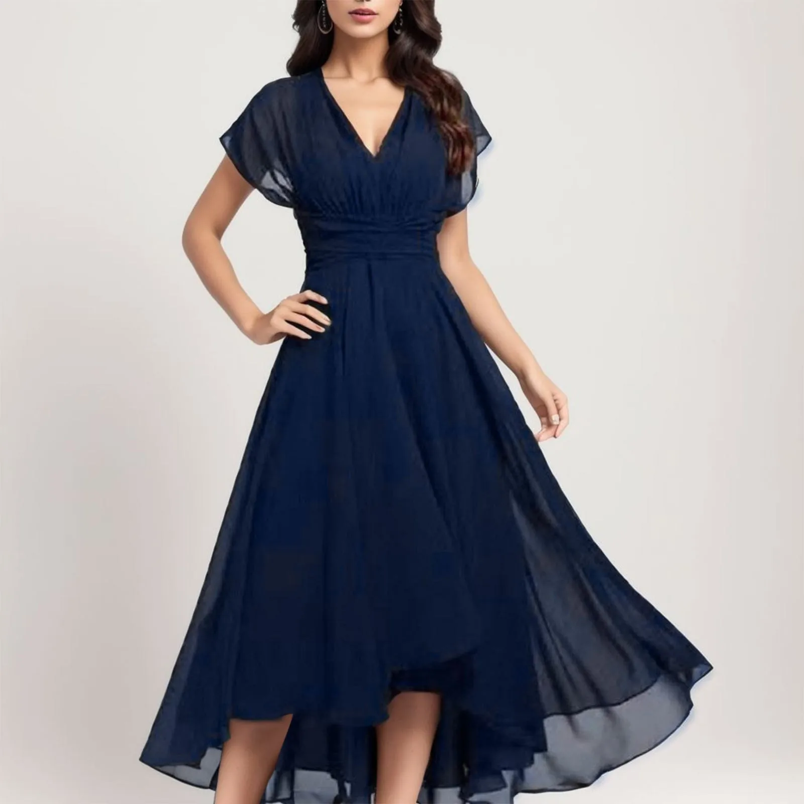 

Elegant Evening Long Dresses Ruffles Sleeve Pleated V-Neck Midi 2024 Ever Pretty Of A-Line Navy Blue Chiffon Wedding Guest Dress