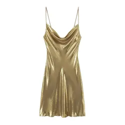 Women Shinning Metallic Color Sling Mini Dress Female Chic Pleat Design Casual Slim Party Vestidos