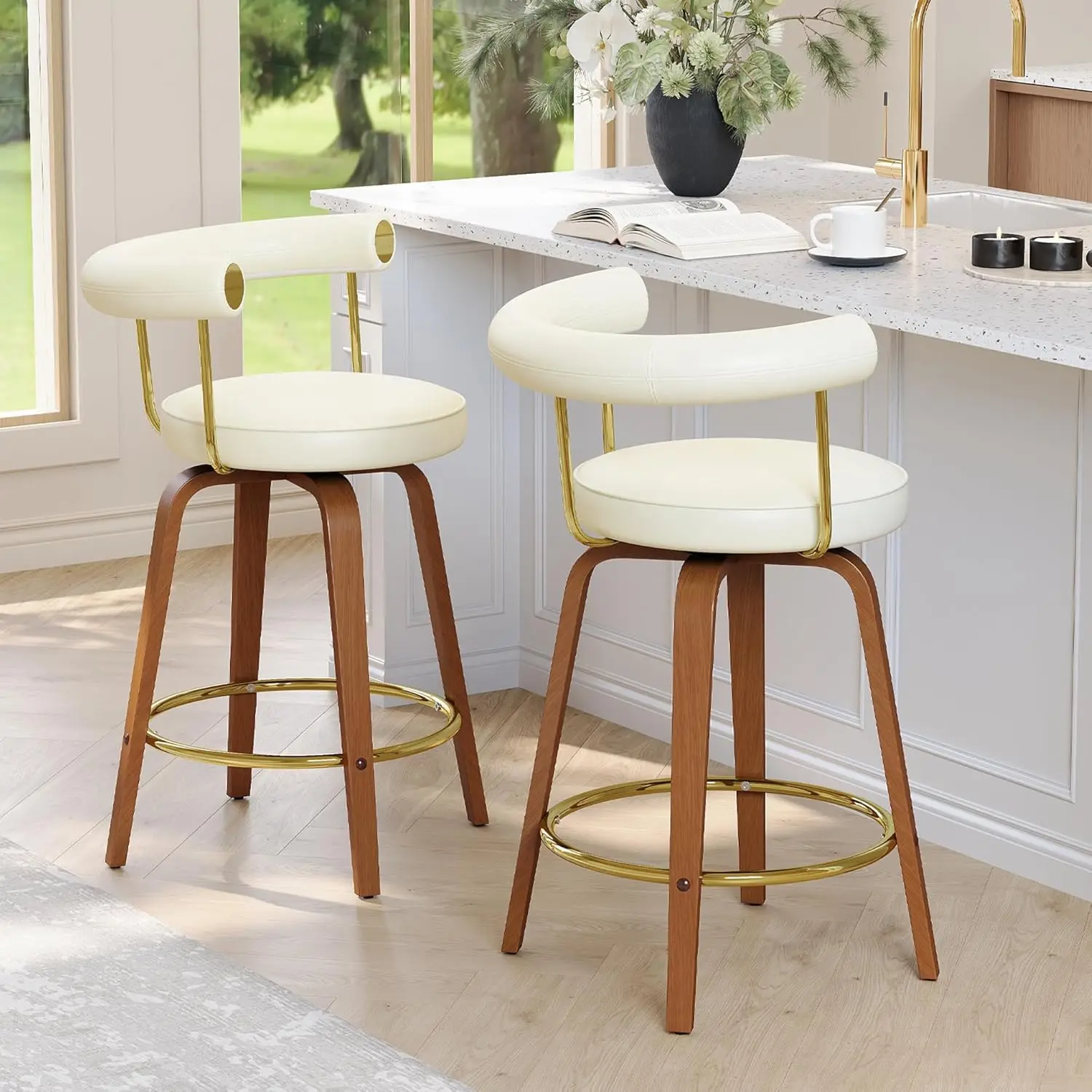 

Swivel Bar Stools Set of 2, 26” Counter Height Bar Stools with Bent Wood Legs and Back, Mid-Century, Customized