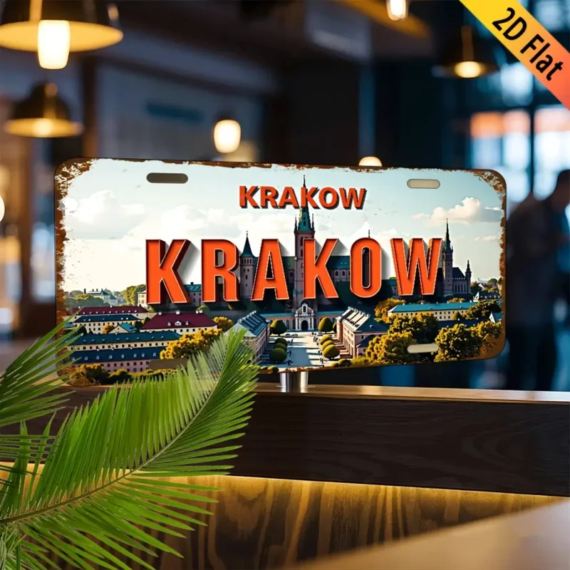 HD Aluminum Print, Vintage Krakow Poland Wawel Castle Cityscape License Plate Style Wall Art, High Definition Bend-Resistant Met