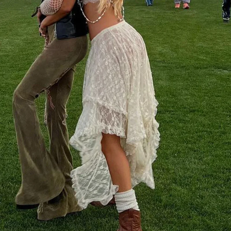 Retro American Lace Uneven Hem Pure Color  Skirt Thin Summer Long Skirt Girl Sle Sweet And Spicy Scene Irregular Skirt