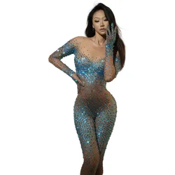 Flashing Rhinestones Halloween Jumpsuit Gloves Women Sexy Mesh Performance Dance Costume Nightclub Stage Outfit Tiaotiaotang