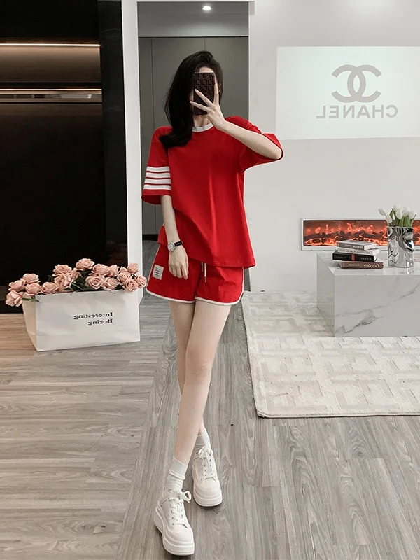 

Women's Summer Sportswear Set Loose Breathable Fitn Running orts Two-Piece Cotton round Ne Svel Sportswear