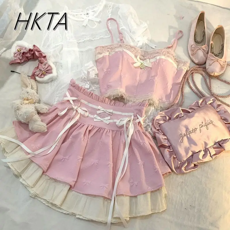 甘いピンクサスペンダーベストスカート 2 枚セット女性甘いかわいいレースの弓プリンセスショートトップかわいいプリーツスカートロリータ少女