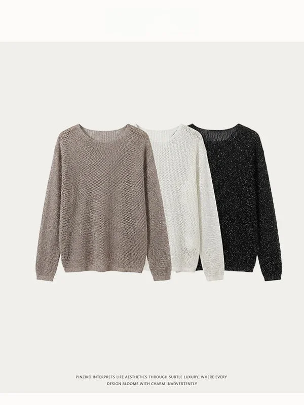 

PINZIKO Large Rabbit Wool Silk Linen Spring Summer Hollow Knitted Long Sve Cover up Casual Loose Fit Women's Knitwear