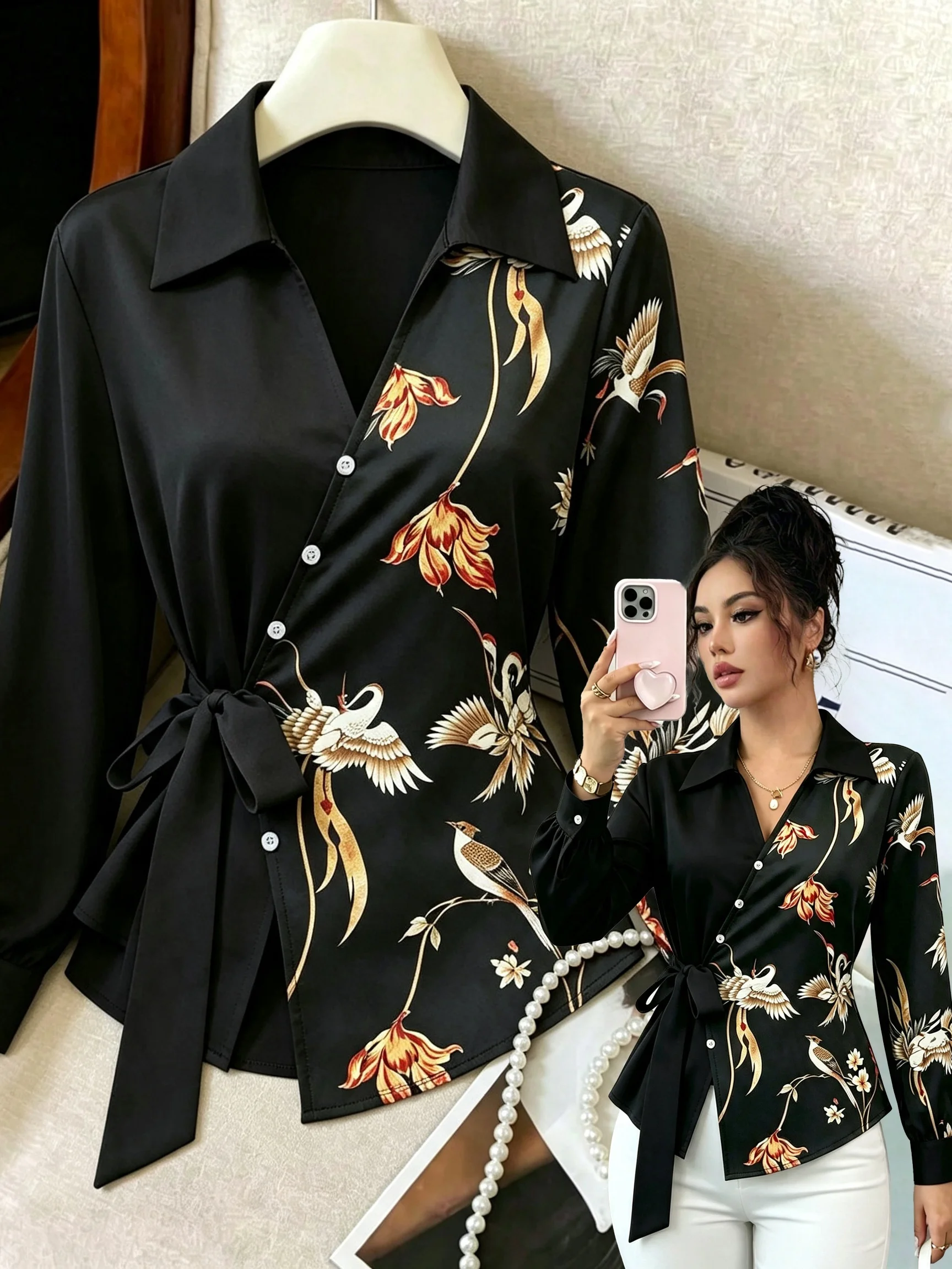 Ladies Elegant Print Splice Solid Color Shirt with Butterfly Knot Fashionable Women's Top in Soft Fabric
