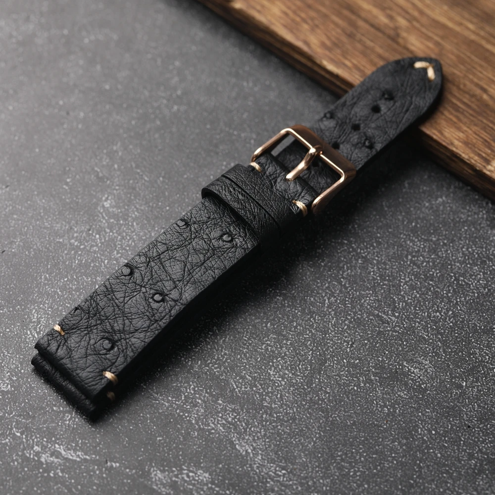 Bracelet de montre en cuir d'autruche Ultra-fin fait à la main 18 19 20 21 22MM Bracelet souple noir pour hommes Bracelet en cuir de Style Vintage