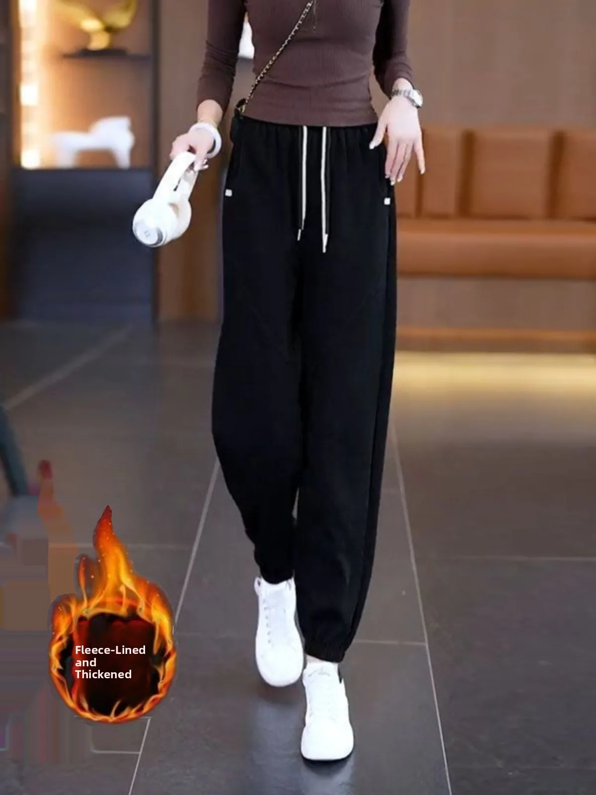 Thickened Fleece Harlan Pants Women's Autumn Winter Straight Leg Cuffed Casual Sports Trousers Natural Waist Long Pants