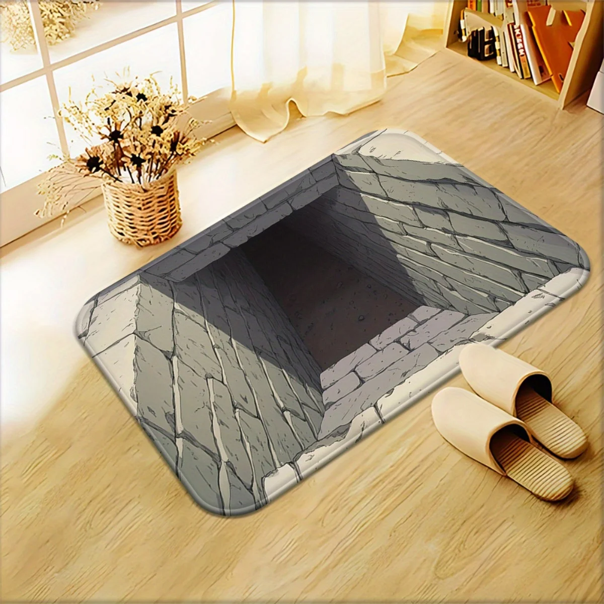 1pc Optical illusion pattern floor mat, machine washable polyester, suitable for bedrooms and living rooms.