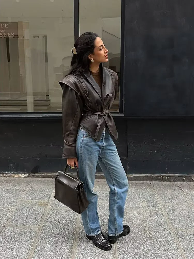 

Vintage Faux Leather Jacket Women Long Sleeve Single Breasted Warm Short Lace Up Coats Autumn Female High Street Outerwear