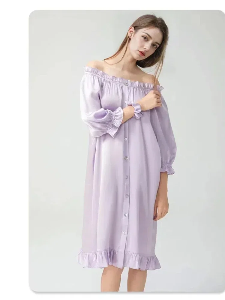 French Style100% Mulberry Silk Women Cardigan Nightshirt Button Down Nightgown Chemise Homewear Half Sleeve Princess Nightdress