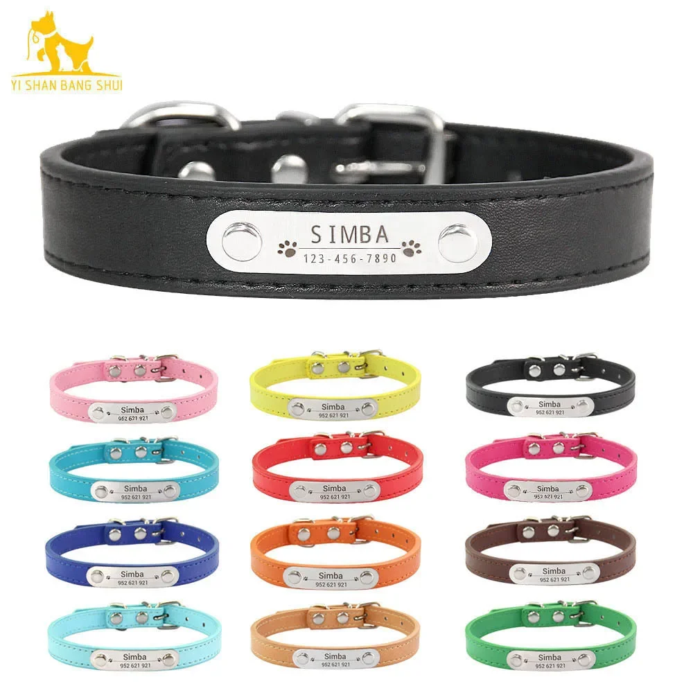 Personalized Dog Collar Name Carved ID Anti-lost Solid PU Leather Collar For Small Medium Large Dogs Puppy Cat Pet Supplies Pink