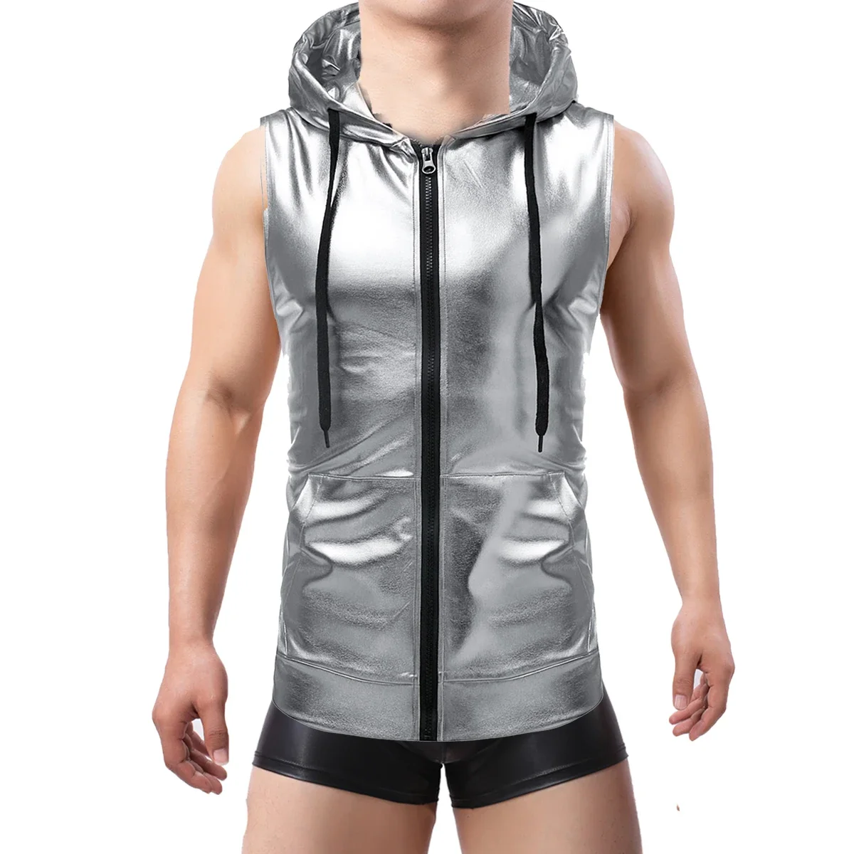 Men Metallic Sleeveless Hooded T-shirt Slim Shirt Men Tops PU Leather Boxer Shorts NightClub Wear Stage Costume Men Clothing Set