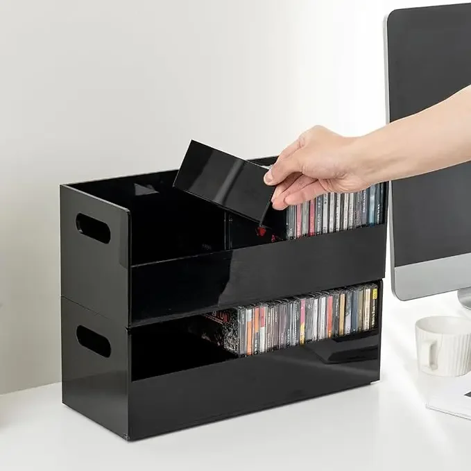 

Modern Premium Black Acrylic Stackable CD Holder Racks Compact Disc Jewel Case Display Crates Cutout Carrying Handles Media