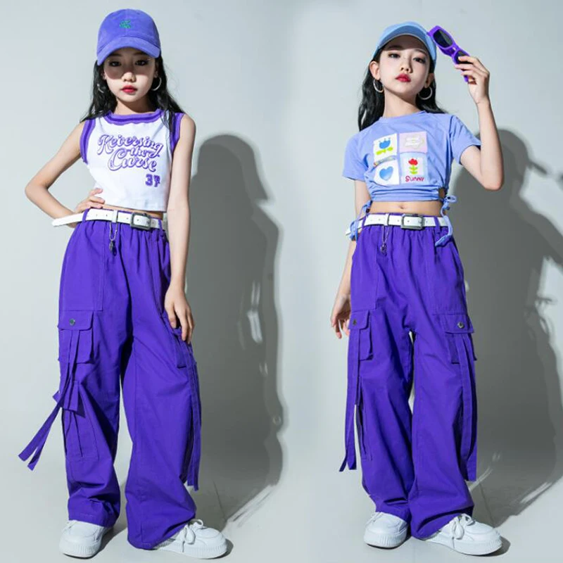 Girls Streetwear Jazz Clothing Crop Tank Tops Vshirt Purple Hip Hop Joggers Pants for Teenage Show Dance Costume Kids Clothes