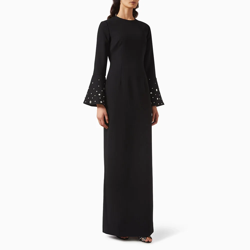 맞춤형 우아한 이브닝 드레스 블랙 컬럼 크리스탈 긴 소매 단정한 이브닝 가운 여성용 2026 O넥 포멀 파티 드레스