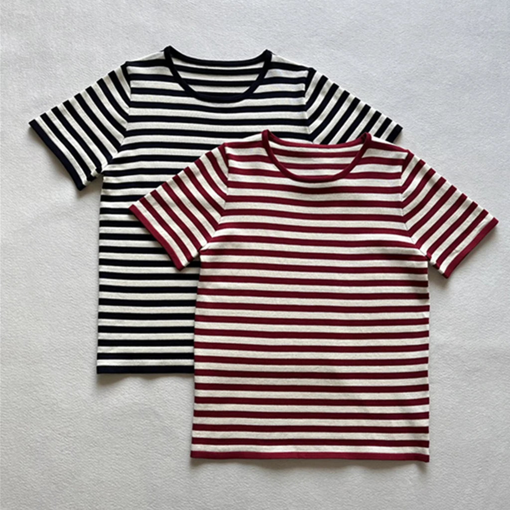 

Maxdutti 2025 Minimalist Rround Neck Striped Knitted T-shirt Summer Short Sleeved T-shirt Women Tops
