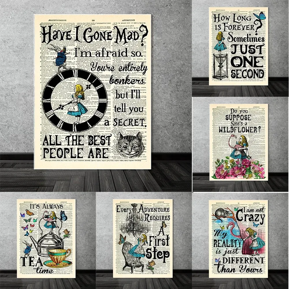 1pc frameless Canvas Painting Alice In Wonderland Wall Poster Dictionary Art Is Always Tea Time Watercolor Canvas Painting Livin