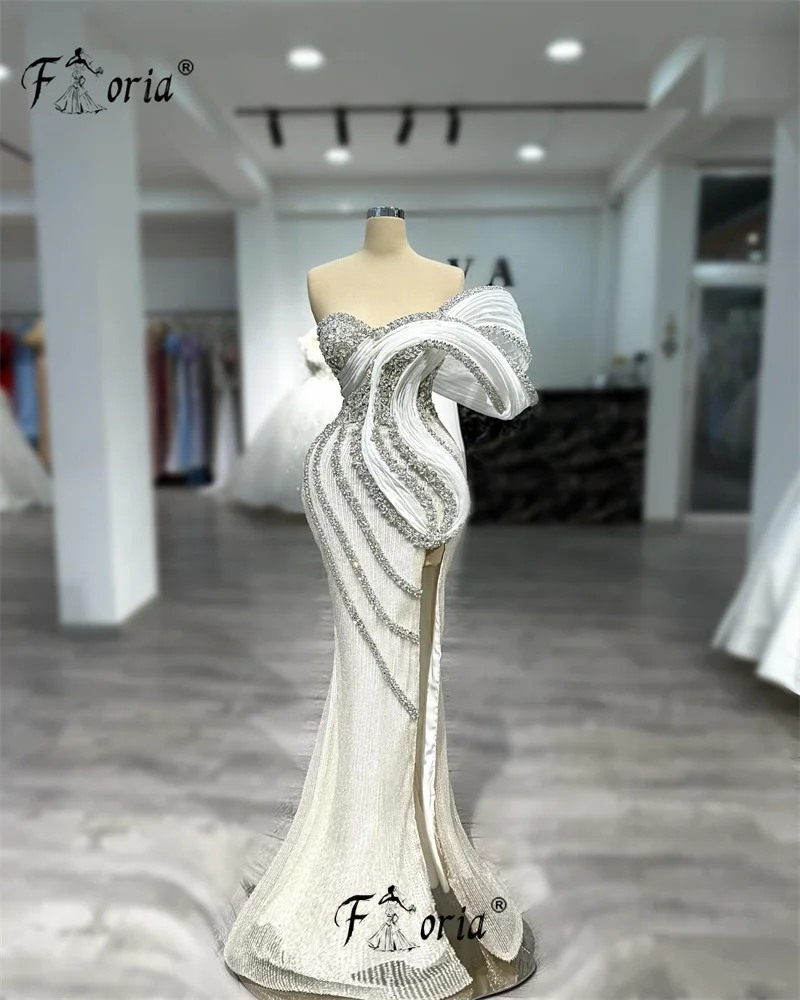 Luxo dubai arábia branco vestido de noite sereia brilhante cristal frisado vestidos de festa de casamento personalizado robe de soiree femmes