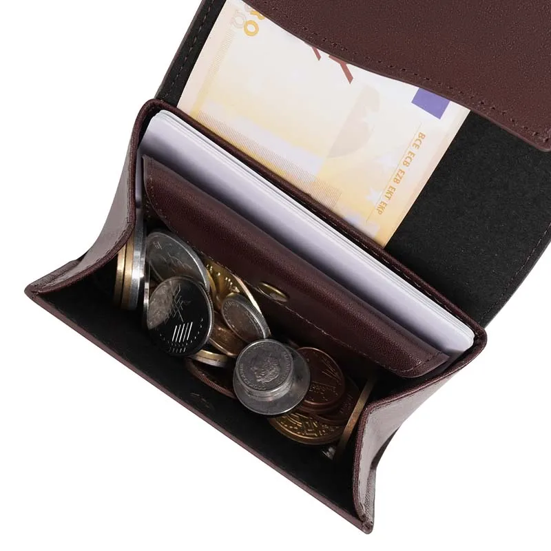Portable Men's Small Wallet Made of Fine Grain Leather Vintage Genuine Leather Mini Wallet with Coin Compartment and Press Stud