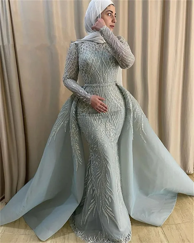 Sparkly Beaded Turkey Muslim Evening Dress Long Sleeve Dubai silver Luxury Customsized overskirt Mermaid robe de soree