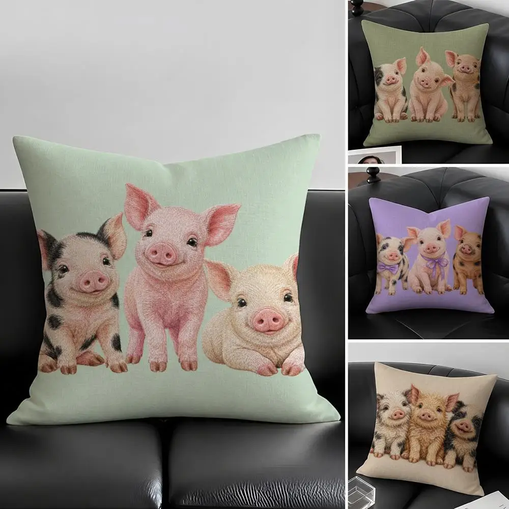 2d flat printing cute Pigs Cushion Cover Natural Linen Pillow Covers, Washable Cushion Cases for Sofa Bed Couch Decor