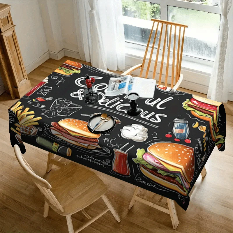 1Pc Cartoon Food Pattern Tablecloth Black Burger Fries Print Table Cover For Kitchen Dining Room Decor
