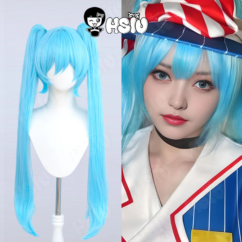 Parrucca Cosplay meserizzatore HSIU 90CM parrucca sintetica resistente al calore a doppia coda di cavallo blu chiaro + parrucca cosplay Anime