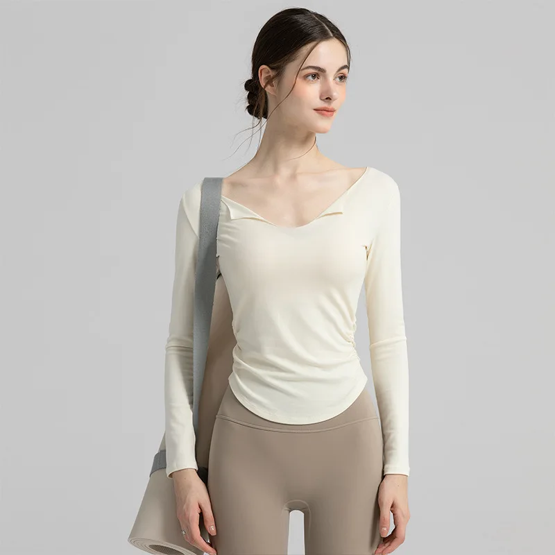 قميص يوجا نسائي من PMWRUN برقبة على شكل حرف V وأكمام طويلة، مريح ومتين للرطوبة - فتل لممارسة اليوجا اليومية