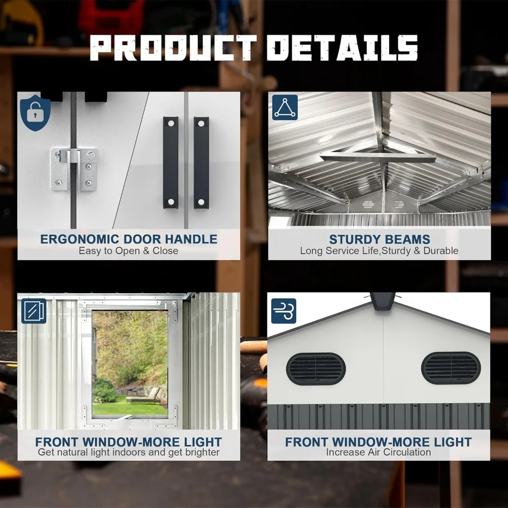 منازل جاهزة 8 × 12 قدم سقيفة تخزين خارجية سقيفة حديقة أداة تخزين الدراجة مع إطار معدني وباب قابل للقفل للفناء Ss #4