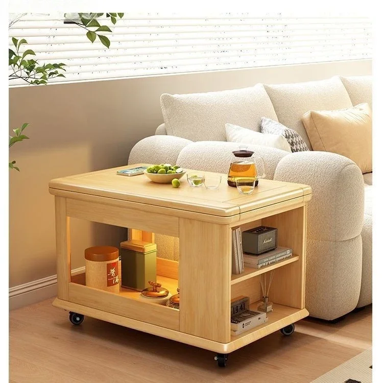Solid wood trolley moving side sofa coffee table foldable multi-functional tea table small apartment living room balcony tea
